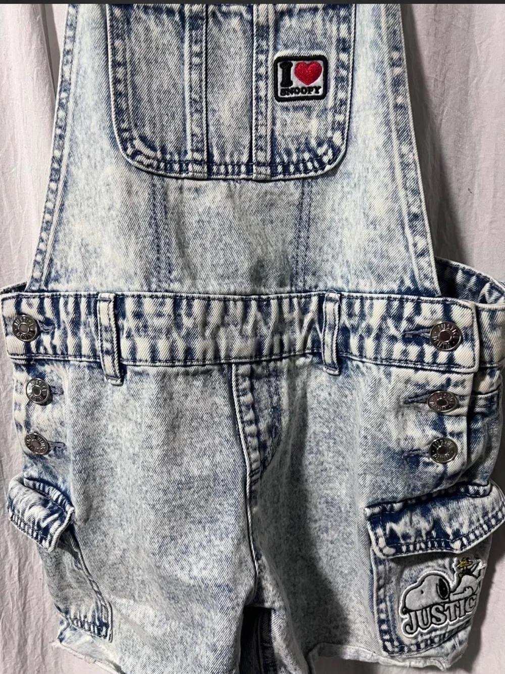 Justice Acid Wash Denim Overalls with Snoopy Patch